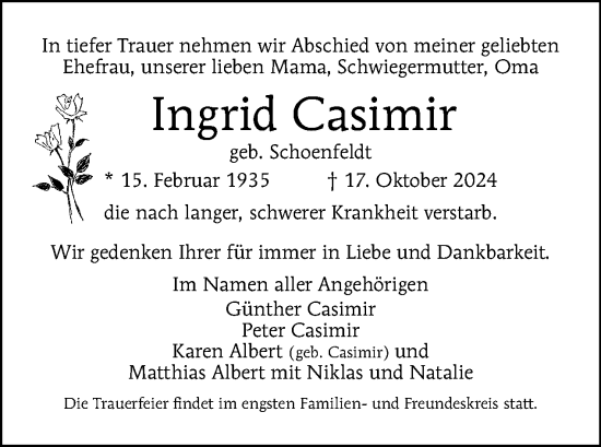 Traueranzeige von Ingrid Casimir von Tagesspiegel