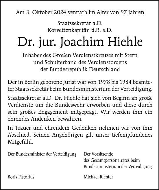 Traueranzeige von Joachim Hiehle von Tagesspiegel