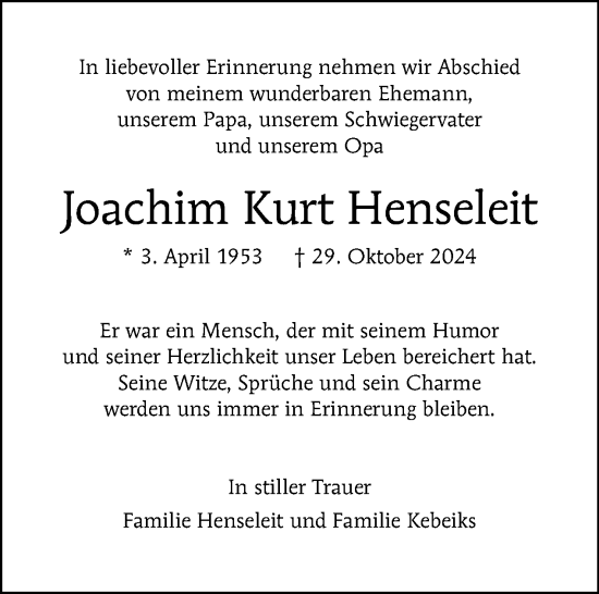 Traueranzeige von Joachim Kurt Henseleit von Tagesspiegel