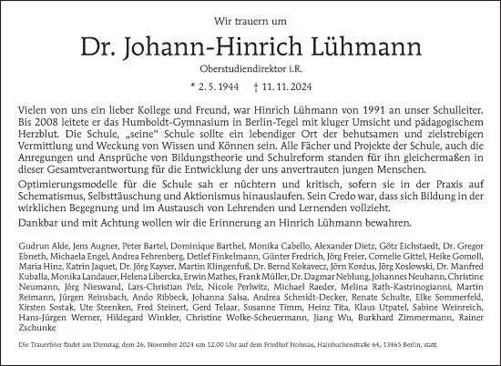 Traueranzeige von Johann-Hinrich Lühmann von Tagesspiegel