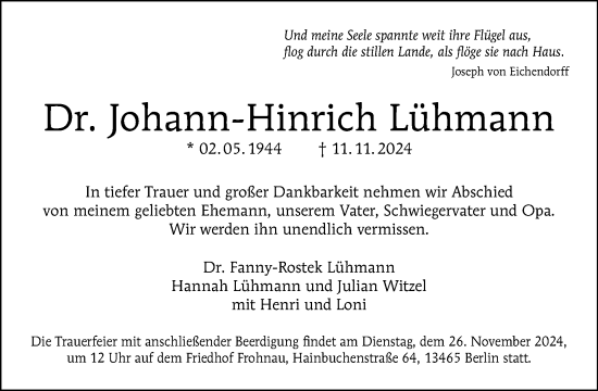 Traueranzeige von Johann-Hinrich Lühmann von Tagesspiegel