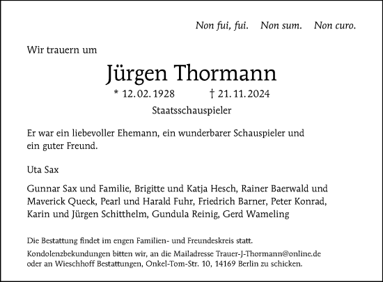 Traueranzeige von Jürgen Thormann von Tagesspiegel