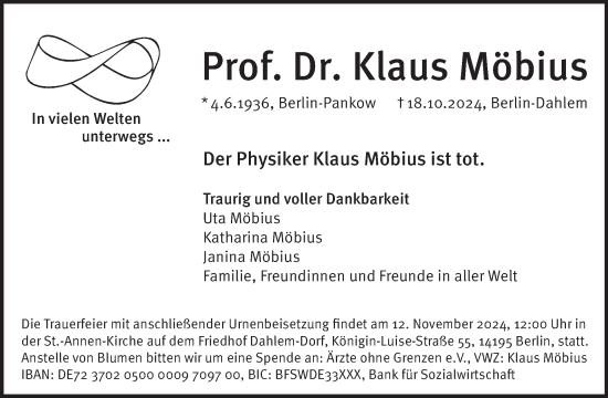 Traueranzeige von Klaus Möbius von Tagesspiegel