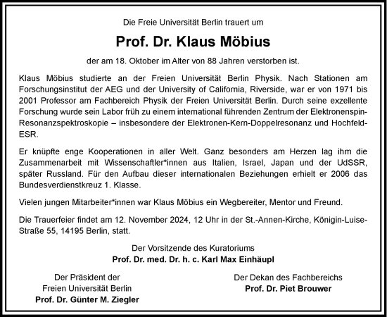 Traueranzeige von Klaus Möbius von Tagesspiegel