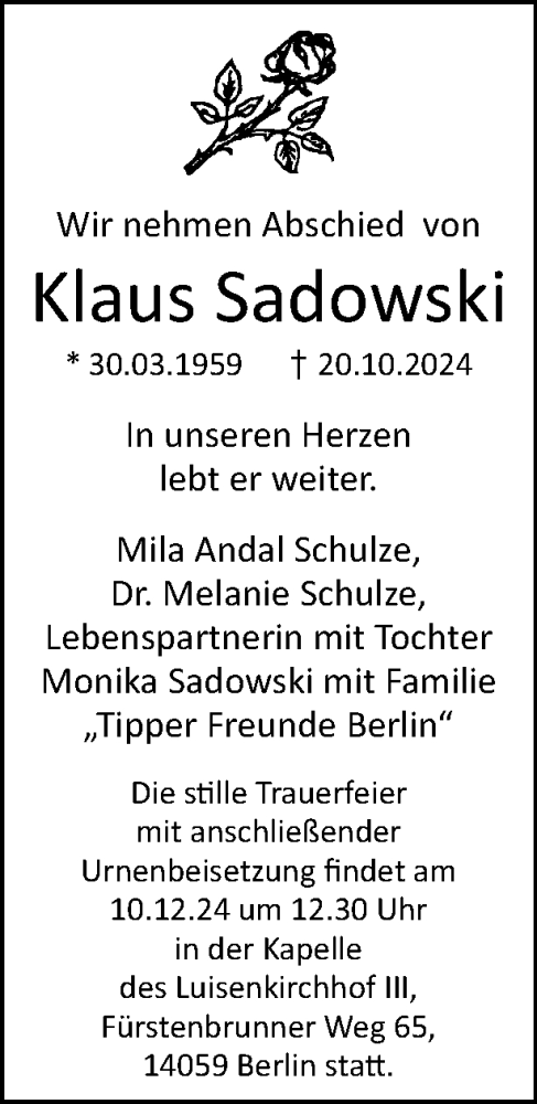 Traueranzeige von Klaus Sadowski von Tagesspiegel