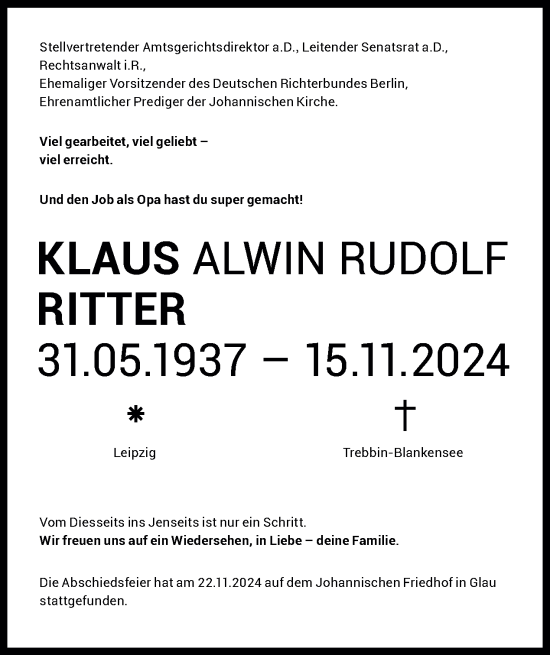 Traueranzeige von Klaus Alwin Rudolf Ritter von Tagesspiegel