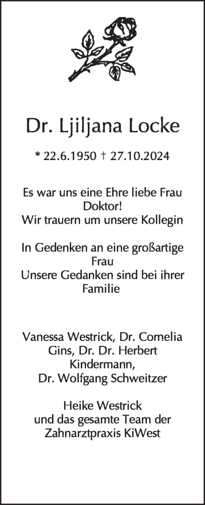 Traueranzeige von Ljiljana Locke von Tagesspiegel