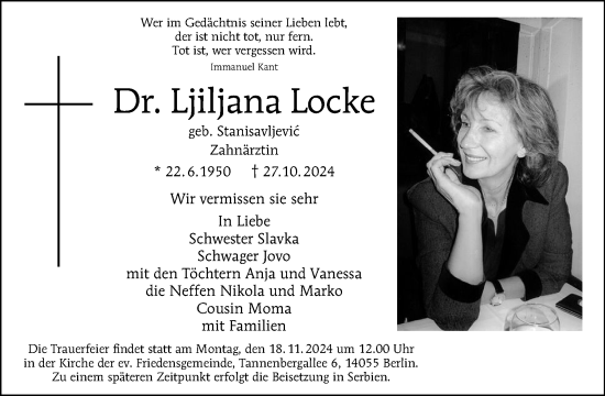 Traueranzeige von Ljiljana Locke von Tagesspiegel