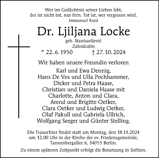 Traueranzeige von Ljiljana Locke von Tagesspiegel