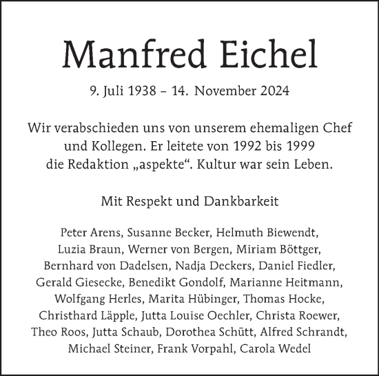 Traueranzeige von Manfred Eichel von Tagesspiegel