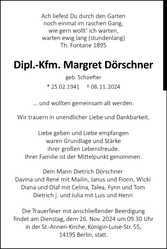 Traueranzeige von Margret Dörschner von Tagesspiegel