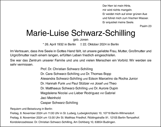 Traueranzeige von Marie-Luise Schwarz-Schilling von Tagesspiegel