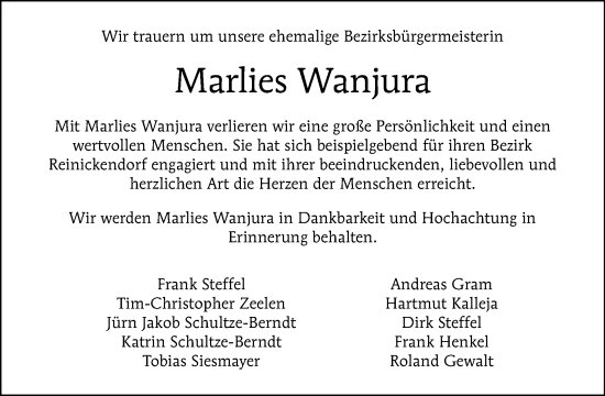 Traueranzeige von Marlies Wanjura von Tagesspiegel