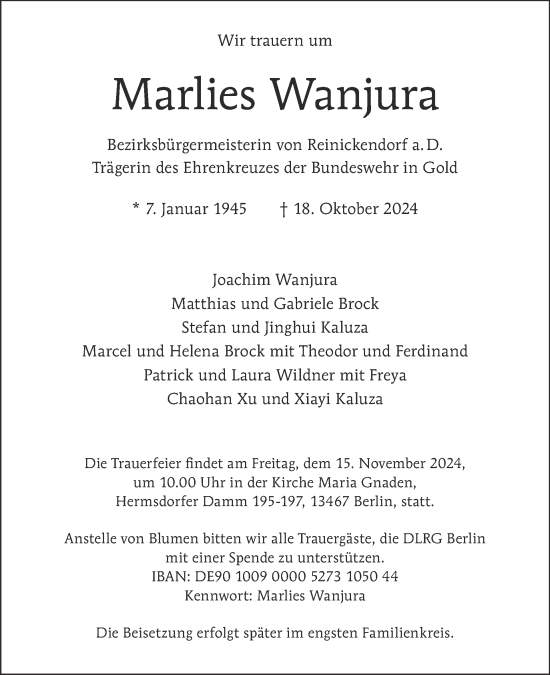 Traueranzeige von Marlies Wanjura von Tagesspiegel