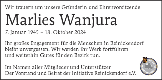 Traueranzeige von Marlies Wanjura von Tagesspiegel