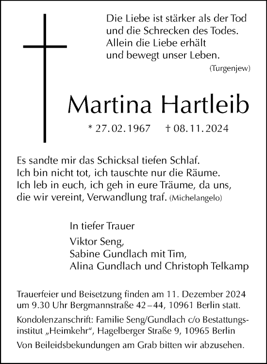 Traueranzeige von Martina Hartleib von Tagesspiegel