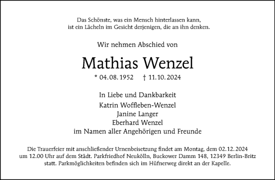 Traueranzeige von Mathias Wenzel von Tagesspiegel