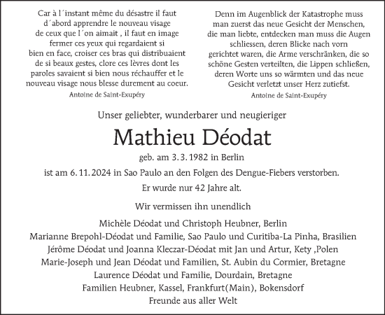 Traueranzeige von Mathieu Déodat von Tagesspiegel