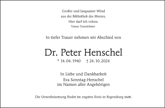 Traueranzeige von Peter Henschel von Tagesspiegel