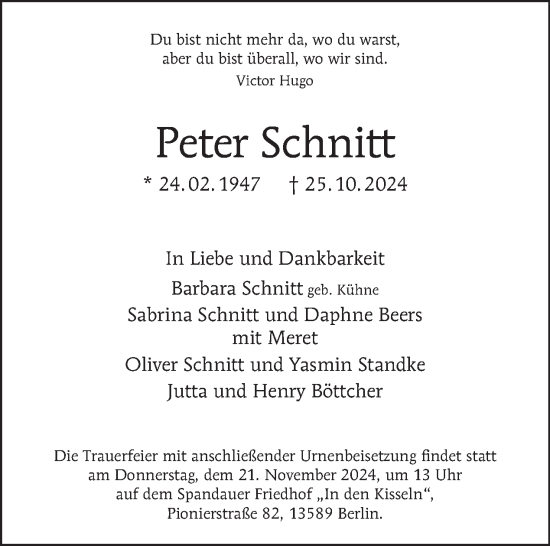 Traueranzeige von Peter Schnitt von Tagesspiegel