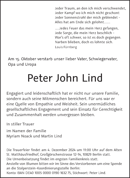 Traueranzeige von Peter John Lind von Tagesspiegel