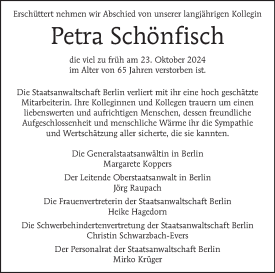 Traueranzeige von Petra Schönfisch von Tagesspiegel