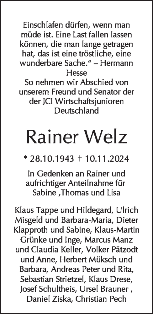 Traueranzeige von Rainer Welz von Tagesspiegel