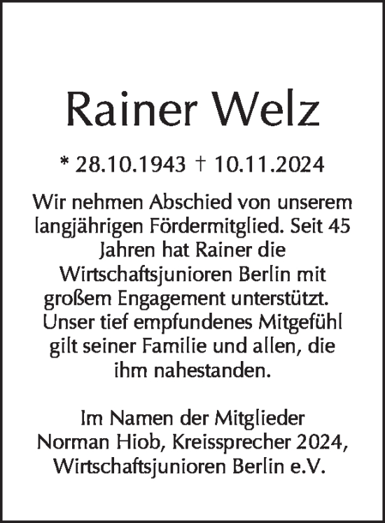 Traueranzeige von Rainer Welz von Tagesspiegel