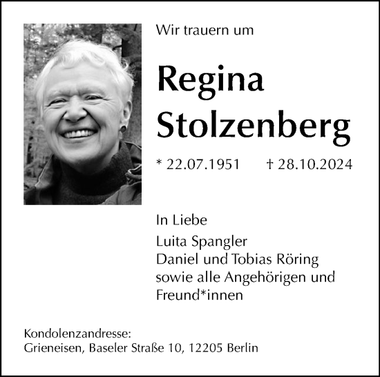 Traueranzeige von Regina Stolzenberg von Tagesspiegel