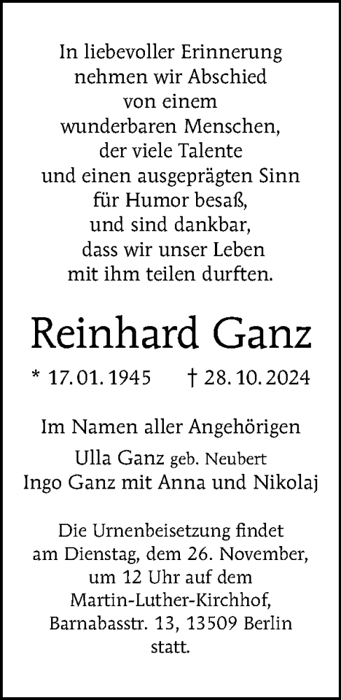 Traueranzeige von Reinhard Ganz von Tagesspiegel