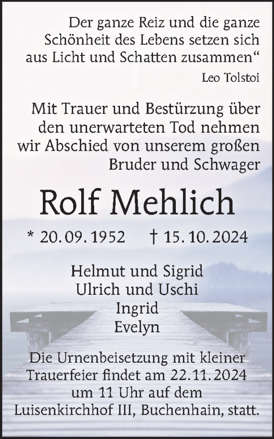 Traueranzeige von Rolf Mehlich von Tagesspiegel