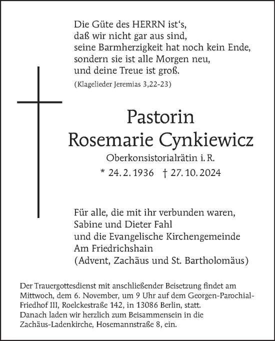 Traueranzeige von Rosemarie Cynkiewicz von Tagesspiegel