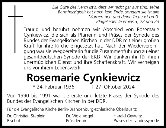 Traueranzeige von Rosemarie Cynkiewicz von Tagesspiegel