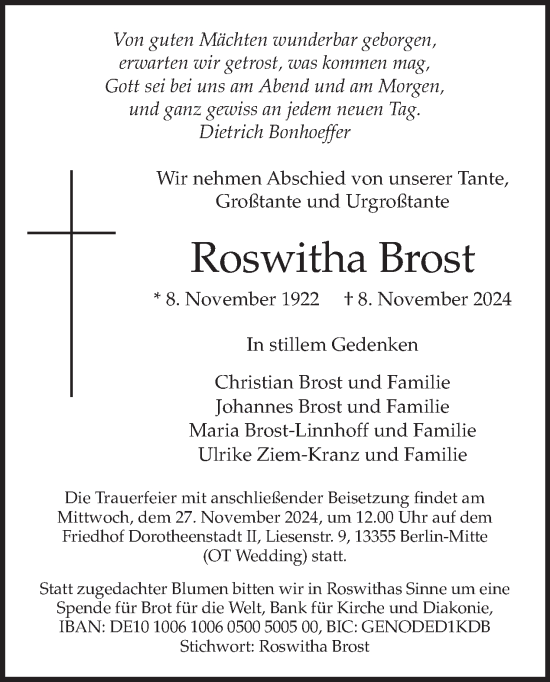 Traueranzeige von Roswitha Brost von Tagesspiegel