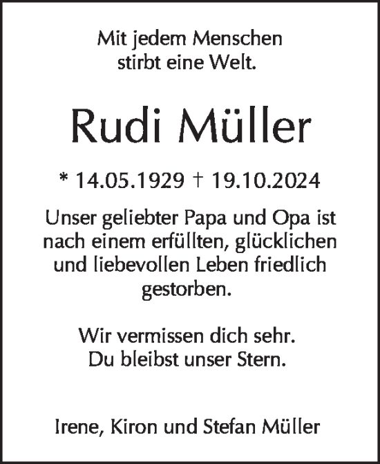 Traueranzeige von Rudi Müller von Tagesspiegel