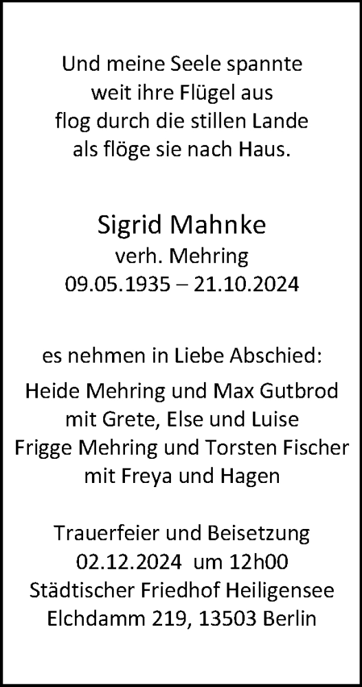 Traueranzeige von Sigrid Mahnke von Tagesspiegel