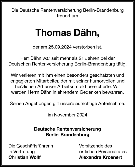 Traueranzeige von Thomas Dähn von Tagesspiegel