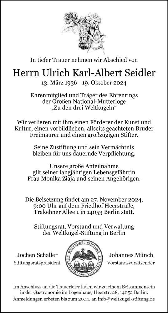 Traueranzeige von Ulrich Karl-Albert Seidler von Tagesspiegel