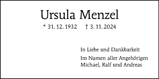 Traueranzeige von Ursula Menzel von Tagesspiegel