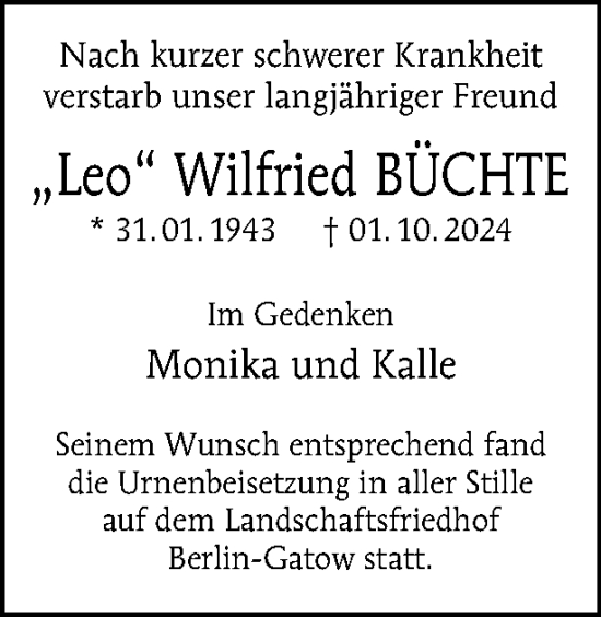 Traueranzeige von Wilfried Büchte von Tagesspiegel