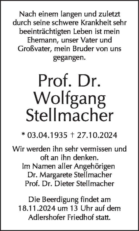 Traueranzeige von Wolfgang Stellmacher von Tagesspiegel