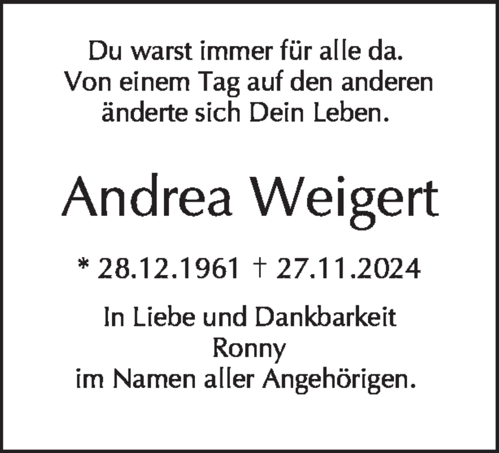  Traueranzeige für Andrea Weigert vom 14.12.2024 aus Tagesspiegel