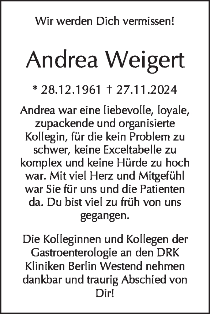  Traueranzeige für Andrea Weigert vom 07.12.2024 aus Tagesspiegel