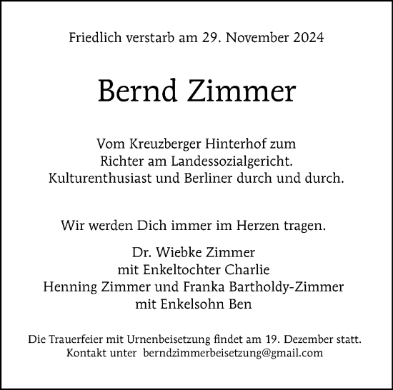 Traueranzeige von Bernd Zimmer von Tagesspiegel