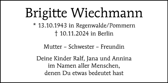 Traueranzeige von Brigitte Wiechmann von Tagesspiegel