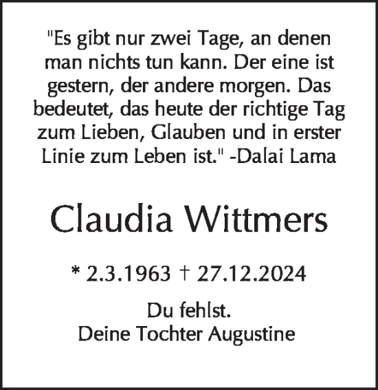 Traueranzeige von Claudia Wittmers von Tagesspiegel