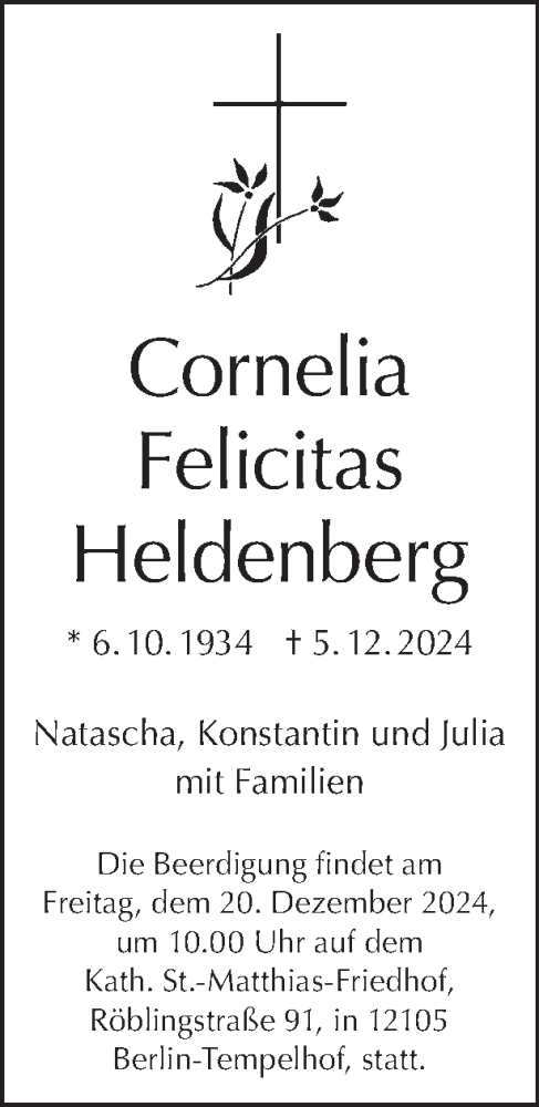 Traueranzeige von Cornelia Heldenberg von Tagesspiegel