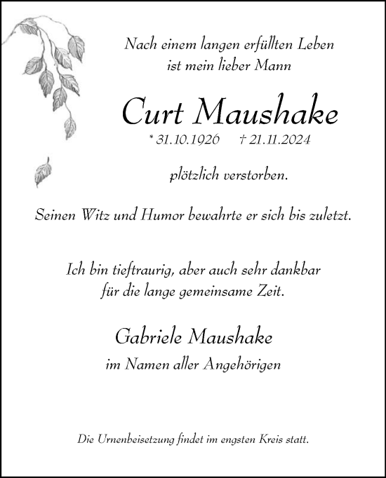 Traueranzeige von Curt Maushake von Tagesspiegel