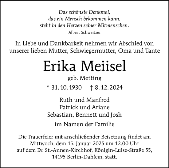 Traueranzeige von Erika Meiisel von Tagesspiegel