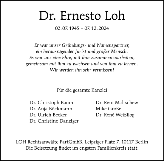 Traueranzeige von Ernesto Loh von Tagesspiegel